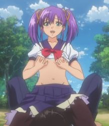 Rule 34 | animated, animated gif, breasts, cunnilingus, green eyes, groping, hitomi (school i), nipples, oral, purple hair, ribbon, school i, school uniform, sitting, sitting on face, sitting on person, skirt, sky, small breasts, thighhighs, tree, twintails