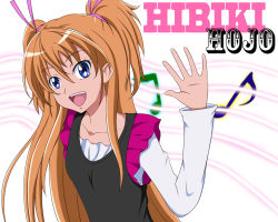 Rule 34 | 10s, 1girl, blue eyes, character name, eyelashes, hair ribbon, houjou hibiki, kingcat0404, long hair, musical note, open mouth, orange hair, precure, ribbon, solo, staff (music), suite precure, twintails, two side up, waving