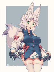 Rule 34 | 1girl, animal ear fluff, animal ears, breasts, clothing cutout, fang, fox ears, fox tail, fukunomiya koko, green eyes, kuromiya, large breasts, looking at viewer, multiple tails, open mouth, original, short hair, shoulder cutout, solo, tail, thighhighs, two-tone background, white hair, white thighhighs