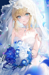 Rule 34 | 1girl, artoria pendragon (all), artoria pendragon (fate), bare shoulders, blonde hair, bouquet, breasts, bridal veil, choker, collarbone, commentary, commentary request, cowboy shot, dress, english commentary, fate/stay night, fate (series), flower, green eyes, highres, holding, holding bouquet, kinokohime, lace-trimmed veil, lace trim, looking at viewer, mixed-language commentary, parted lips, saber (fate), sidelocks, small breasts, smile, solo, strapless, strapless dress, veil, wedding dress, white choker, white dress
