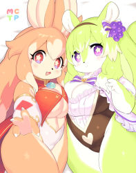 Rule 34 | 2girls, :3, animal ears, asymmetrical docking, blonde hair, blush, bow, breast press, breasts, character request, cleavage, closed mouth, clothing cutout, commentary request, copyright request, fang, foreshortening, furry, furry female, green hair, hair ornament, hairband, heads together, heart, highres, large breasts, leotard, long hair, looking at viewer, lying, mons pubis, multiple girls, on back, open mouth, plump, purple bow, purple eyes, simple background, smile, sparkling eyes, star-shaped pupils, star (symbol), symbol-shaped pupils, thick thighs, thighs, underboob, wkar