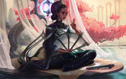 Rule 34 | 1girl, absurdres, black hair, cherry blossoms, chinese clothes, cloak, collaboration, commentary, dousanxian, earrings, english commentary, closed eyes, eyeshadow, hand fan, floating, floating object, folding fan, full body, hairband, highres, indian style, jessica oyhenart, jewelry, karma (league of legends), league of legends, lipstick, makeup, meditation, multicolored hair, nose, official art, pink hair, short hair, sitting, solo, streaked hair, updo