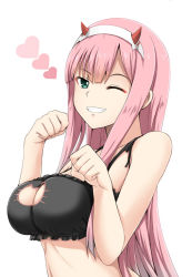 Rule 34 | 10s, 1girl, ;d, apron, bare arms, bare shoulders, black bra, blunt bangs, bra, breasts, cat cutout, cat lingerie, cleavage, cleavage cutout, clothing cutout, darling in the franxx, frilled apron, frills, fuuma nagi, green eyes, grin, hairband, hands up, heart, horns, large breasts, long hair, meme attire, one eye closed, open mouth, paw pose, pink hair, simple background, smile, solo, straight hair, teeth, underwear, underwear only, upper body, very long hair, white background, white hairband, zero two (darling in the franxx)