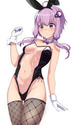 Rule 34 | 1girl, absurdres, ahoge, animal ears, bare shoulders, bow, bowtie, detached collar, fake animal ears, fishnets, gloves, hand up, highres, leotard, meme attire, navel, nise no tsubo, playboy bunny, purple bow, purple bowtie, purple eyes, purple hair, rabbit ears, short hair with long locks, simple background, solo, thighhighs, traditional bowtie, translucent bunnysuit, voiceroid, white background, white gloves, yuzuki yukari