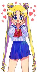 Rule 34 | 1girl, :d, bishoujo senshi sailor moon, blonde hair, blue eyes, blush, brooch, double bun, drill hair, hair bun, hands on own cheeks, hands on own face, hands up, highres, jewelry, juuban middle school uniform, long hair, long sleeves, looking at viewer, neck ribbon, open mouth, parted bangs, pleated skirt, q yan31, ribbon, school uniform, serafuku, skirt, smile, solo, triangle mouth, tsukino usagi, twintails, very long hair