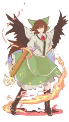 Rule 34 | 1girl, arm behind back, arm cannon, bird wings, black footwear, black wings, boots, bow, breasts, brown eyes, brown hair, cape, closed mouth, collared shirt, commentary request, control rod, fire, frilled shirt collar, frilled skirt, frilled sleeves, frills, full body, green bow, green skirt, hair between eyes, hair bow, highres, long hair, looking at viewer, medium breasts, millzyuron, puffy short sleeves, puffy sleeves, reiuji utsuho, shirt, short sleeves, simple background, skirt, smile, solo, standing, starry sky print, third eye, touhou, very long hair, weapon, white background, white cape, white shirt, wings