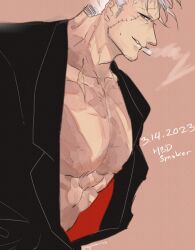 Rule 34 | 1boy, abs, alternate costume, bara, bare pectorals, birthday, cigar, facial hair, formal, from side, goatee, large pectorals, long sideburns, looking at viewer, male focus, mature male, muscular, muscular male, one piece, orenjimaru, pectorals, seductive smile, short hair, sideburns, smile, smoker (one piece), smoking, solo, stomach, stubble, suit, upper body