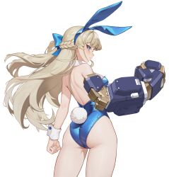 Rule 34 | 1girl, absurdres, animal ears, ass, blonde hair, blue archive, blue eyes, blue leotard, braid, breasts, closed mouth, cowboy shot, ear piercing, fake animal ears, fake tail, highres, leotard, long hair, mechanical arms, medium breasts, official alternate costume, piercing, pool (lautomaton), rabbit ears, rabbit tail, simple background, single mechanical arm, solo, strapless, strapless leotard, tail, toki (blue archive), toki (bunny) (blue archive), white background, wrist cuffs