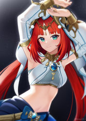 Rule 34 | 1girl, absurdres, aqua eyes, arms up, black background, blue skirt, breasts, closed mouth, crop top, detached sleeves, dutch angle, genshin impact, glint, gold trim, gradient background, harem outfit, highres, horns, jewelry, long sleeves, looking at viewer, medium breasts, nassss, navel, neck ring, nilou (genshin impact), puffy long sleeves, puffy sleeves, shrug (clothing), sidelocks, skirt, solo, star (symbol), starry background, stomach, twitter username, vambraces, veil, vision (genshin impact), white headwear, white sleeves