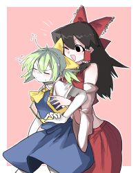 Rule 34 | 2girls, ascot, black eyes, black hair, blouse, blue dress, blush, bow, breasts, closed eyes, closed mouth, collared shirt, colored skin, commentary request, cookie (touhou), cowboy shot, daiyousei, detached sleeves, diyusi (cookie), dress, flying sweatdrops, frilled bow, frilled hair tubes, frills, green hair, hair bow, hair tubes, hakurei reimu, high-visibility vest, highres, hug, hug from behind, large breasts, long hair, looking at another, multiple girls, noel (cookie), one eye closed, open mouth, outline, pink background, ponytail, red bow, red shirt, red skirt, shimosuke, shirt, short hair, short sleeves, skirt, skirt set, sleeveless, sleeveless shirt, small breasts, smile, touhou, two-tone background, white background, white outline, white shirt, white skin, white sleeves, wide sleeves, yellow ascot, yellow bow