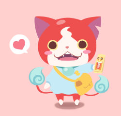 Rule 34 | 10s, blush stickers, candy, candy bar, cat, chocoboo, chuno, fangs, flame-tipped tail, food, heart, jibanyan, looking at viewer, multiple tails, no humans, notched ear, open mouth, pink background, solo, speech bubble, spoken heart, standing, tail, two tails, traditional youkai, youkai watch