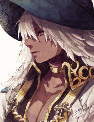 Rule 34 | 1boy, arch bishop (ragnarok online), black hat, black shirt, closed mouth, collared shirt, commentary request, cross, dark-skinned male, dark skin, dated, expressionless, gold choker, hat, long hair, looking afar, male focus, messy hair, open clothes, open shirt, pectoral cleavage, pectorals, pink eyes, portrait, ragnarok online, shirt, signature, simple background, solo, tokio (okt0w0), white background, white hair, witch hat