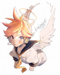 Rule 34 | 1boy, angel wings, bass clef, black collar, blonde hair, blue eyes, character name, collar, cropped arms, cropped torso, halo, headphones, headset, highres, kagamine len, kouhara yuyu, leaning forward, looking at viewer, male focus, necktie, parted lips, sailor collar, school uniform, shirt, short ponytail, short sleeves, solo, spiked hair, upper body, vocaloid, white background, white shirt, wings, yellow necktie
