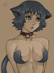 Rule 34 | 00s, 1girl, animal ears, bare shoulders, bell, black hair, blue eyes, breasts, capcom, cat ears, cat girl, cat tail, choker, cleavage, collar, devil may cry, devil may cry (series), devil may cry 3, female focus, heterochromia, jingle bell, lady (devil may cry), lowres, neck bell, red eyes, short hair, simple background, solo, sweatdrop, tail, taro (artist)