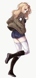 Rule 34 | 1girl, bad id, bad twitter id, black footwear, black shirt, blonde hair, blue eyes, blue shorts, boots, brown jacket, commentary request, denim, denim shorts, emblem, from behind, full body, girls und panzer, hair intakes, hands in pockets, highres, jacket, kay (girls und panzer), leg up, long hair, long sleeves, looking at viewer, looking back, military, military uniform, open clothes, open jacket, saunders military uniform, shirt, short shorts, shorts, simple background, solo, standing, standing on one leg, star (symbol), thighhighs, uniform, white background, white thighhighs, yuuyu (777)
