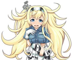 Rule 34 | 1girl, blonde hair, blue eyes, breast pocket, breasts, gambier bay (kancolle), gloves, hair between eyes, hairband, kantai collection, large breasts, long hair, open mouth, pocket, simple background, solo, tearing up, tk8d32, twintails, upper body, white background, white gloves