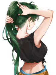 Rule 34 | 1girl, absurdres, arms behind head, arms up, back, black shirt, blue pants, breasts, earrings, fire emblem, fire emblem: the blazing blade, green hair, high ponytail, highres, jewelry, large breasts, long hair, lyn (fire emblem), midriff, nintendo, ormille, pants, ponytail, shirt, simple background, sleeveless, sleeveless shirt, tied shirt, tying hair, white background