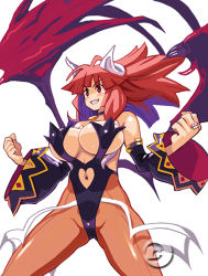 Rule 34 | 1girl, bare shoulders, bat wings, blush, breasts, cleavage, clothing cutout, demon girl, disgaea, heart cutout, horns, huge breasts, jewelry, la pucelle, la pucelle ragnarok, large breasts, maou prier, navel, navel cutout, nippon ichi, pantyhose, prier, red eyes, red hair, revealing clothes, ring, ryoji (nomura ryouji), solo, watermark, wings