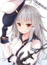 Rule 34 | 10s, 1girl, anchor, black gloves, black sailor collar, brown eyes, chain, character name, cyrillic, gangut (kancolle), gloves, grey hair, hair between eyes, hat, hat tip, highres, holding, holding clothes, holding hat, jacket, kantai collection, long hair, long sleeves, looking at viewer, nahaki, peaked cap, red eyes, sailor collar, simple background, smile, solo, unworn hat, unworn headwear, upper body, white background, white jacket