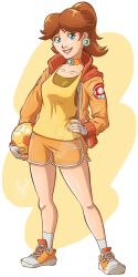 Rule 34 | 1girl, absurdres, ball, blue eyes, breasts, brown hair, choker, earrings, flower earrings, full body, gloves, grin, hand on own hip, highres, jacket, jewelry, legs, looking at viewer, mario (series), mushroom, nintendo, ponytail, princess daisy, shorts, smile, soccer ball, solo, standing, super mario land, super mario strikers, tomboy