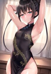 Rule 34 | 1girl, absurdres, armpits, arms behind head, arms up, black dress, black gloves, black hair, blue archive, breasts, butterfly hair ornament, china dress, chinese clothes, double bun, dragon print, dress, gloves, grey eyes, hair bun, hair ornament, halo, highres, kisaki (blue archive), long hair, looking at viewer, mitomumitomu, pelvic curtain, print dress, sleeveless, sleeveless dress, small breasts, solo, twintails