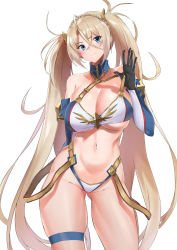 Rule 34 | 1girl, bare shoulders, bikini, blonde hair, blue eyes, blush, bradamante (fate), bradamante (third ascension) (fate), braid, breasts, cleavage, closed mouth, elbow gloves, fate/grand order, fate (series), french braid, gloves, hair between eyes, hair ornament, halterneck, highres, hip focus, hotate-chan, large breasts, long hair, looking at viewer, navel, smile, solo, strap pull, swimsuit, thigh strap, thighs, twintails, very long hair, white background, white bikini