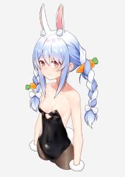 Rule 34 | 1girl, absurdres, animal ears, artpatient, bare arms, bare shoulders, black leotard, black pantyhose, blue hair, blush, braid, breasts, carrot hair ornament, closed mouth, commentary, covered navel, cropped legs, cutout above navel, english commentary, food-themed hair ornament, hair ornament, highres, hikimayu, hololive, leotard, long hair, looking at viewer, multicolored hair, orange eyes, pantyhose, playboy bunny, rabbit-shaped pupils, rabbit ears, rabbit girl, rabbit tail, short eyebrows, simple background, small breasts, solo, strapless, strapless leotard, swept bangs, symbol-shaped pupils, tail, thick eyebrows, twin braids, twintails, two-tone hair, usada pekora, usada pekora (1st costume), virtual youtuber, white background, white hair