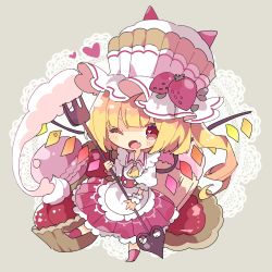 Rule 34 | 1girl, alternate costume, alternate headwear, apron, ascot, blonde hair, blush, buttons, chibi, collar, cotton candy, cupcake, doily, dress, fang, flandre scarlet, food, food-themed hair ornament, fork, fruit, full body, grey background, hair ornament, hat, heart, heart in eye, highres, holding, holding fork, holding weapon, ice cream, lace background, laevatein, leg up, looking at viewer, muffin, nikorashi-ka, one eye closed, one side up, open collar, open mouth, outstretched leg, puffy short sleeves, puffy sleeves, red dress, red eyes, red footwear, shirt, short hair with long locks, short sleeves, simple background, skin fang, solo, standing, standing on one leg, strawberry, strawberry hair ornament, symbol in eye, top hat, touhou, waist apron, weapon, white hat, white shirt, wings, wrist cuffs, yellow ascot