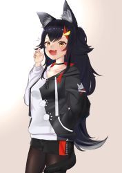 Rule 34 | &gt;:), 1girl, :d, absurdres, animal ear fluff, animal ears, black hair, black pantyhose, claw pose, fangs, hand in pocket, highres, hololive, hood, hood down, hoodie, little love mitsuha, long hair, long sleeves, multicolored hair, ookami mio, ookami mio (casual), open mouth, pantyhose, red hair, shorts, smile, solo, streaked hair, tail, tail wrap, v-shaped eyebrows, virtual youtuber, white hair, wolf ears, yellow eyes