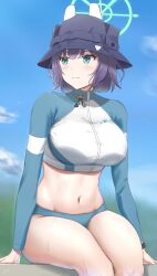 Rule 34 | 1girl, absurdres, aqua eyes, bikini, bikini bottom only, blue archive, blue sky, breasts, bucket hat, cloud, day, facing viewer, halo, hat, highres, large breasts, looking to the side, navel, outdoors, purple hair, rash guard, saki (blue archive), saki (swimsuit) (blue archive), short hair, sitting, sky, solo, stomach, swimsuit, tacticsalt, thighs