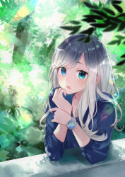 Rule 34 | 1girl, aqua eyes, blue eyes, blue shirt, blush, commentary request, elbow rest, hands up, heterochromia, lens flare, long hair, long sleeves, looking at viewer, natsuki (ukiwakudasai), nature, original, parted lips, plant, shadow, shirt, silver hair, single sidelock, solo, tree, upper body, watch, wristwatch