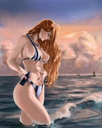 Rule 34 | 1girl, absurdres, applying sunscreen, bangle, bare shoulders, bikini, blue sky, bottle, bracelet, breasts, brown eyes, cleavage, closed mouth, cloud, cloudy sky, cowboy shot, earrings, from side, halterneck, hand on own stomach, highres, holding, holding bottle, horizon, jewelry, large breasts, long hair, looking down, lotion, mixed-language commentary, nail polish, nami (one piece), necklace, ocean, official alternate costume, one piece, orange hair, outdoors, partially submerged, pearl necklace, pink lips, pirate ship, profile, red nails, sky, solo, stomach, striped bikini, striped clothes, stud earrings, stupidtako, sunscreen, swimsuit, vertical-striped bikini, vertical-striped clothes, waves, wavy hair