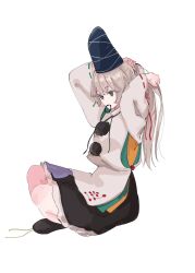 Rule 34 | 1girl, black skirt, commentary, frilled skirt, frills, full body, grey eyes, grey hair, hat, highres, japanese clothes, kariginu, long hair, long sleeves, mononobe no futo, one-hour drawing challenge, pom pom (clothes), ponytail, ribbon-trimmed sleeves, ribbon trim, simple background, skirt, solo, tate eboshi, tohoyuukarin, touhou, tying hair, white background