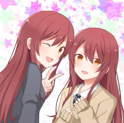 Rule 34 | 2girls, blush, brown hair, collared shirt, commentary request, grey sweater, hands on own chest, highres, idolmaster, idolmaster shiny colors, looking at viewer, multiple girls, necktie, one eye closed, open mouth, osaki amana, osaki tenka, school uniform, shiro (branch0126), shirt, siblings, sisters, smile, star (symbol), starry background, sweater, twins, v, white shirt, yellow eyes, yellow sweater