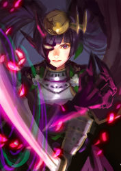 Rule 34 | &gt;:|, 1girl, :|, androgynous, armor, blunt bangs, breastplate, claws, closed mouth, crack, flower, gradient background, headpiece, heterochromia, japanese armor, japanese clothes, leaf, long hair, looking at viewer, lotus (elico), petals, pointy ears, purple eyes, purple hair, puzzle &amp; dragons, shoulder armor, sode, solo, twintails, upper body, v-shaped eyebrows, yellow eyes, yomi (p&amp;d)