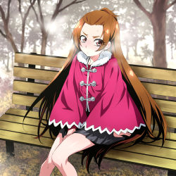 Rule 34 | 1girl, arm support, belt, black skirt, blush, breath, brown hair, coat, commentary request, day, dokidoki! precure, embarrassed, have to pee, long hair, madoka aguri, miniskirt, nakahira guy, outdoors, pleated skirt, precure, red coat, red eyes, sitting, skirt, solo, sweat, tree, very long hair