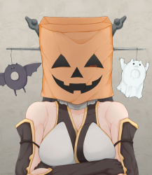 Rule 34 | 1girl, arm guards, bare shoulders, bat costume, black gloves, black hair, breasts, cleavage, collarbone, commentary request, crossed arms, elbow gloves, enemy lifebuoy (kancolle), ghost costume, gloves, grey background, halloween, headgear, highres, kantai collection, large breasts, long hair, looking at viewer, motion lines, nagato (kancolle), red eyes, sleeveless, solo, takasugi heppu, twitter username