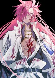 Rule 34 | 1boy, belt, black belt, black hair, black kimono, blood, blood on clothes, blood on face, cuts, earrings, eyebrow cut, fate/grand order, fate (series), hair down, hair over one eye, highres, injury, jacket, japanese clothes, jewelry, kimidorix32, kimono, long hair, looking at viewer, male focus, multicolored hair, nagatekkou, open clothes, open jacket, open kimono, parted lips, red eyes, red hair, simple background, solo, streaked hair, takasugi shinsaku (fate), tassel, torn clothes, upper body, white hair, white jacket