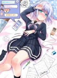 Rule 34 | 1girl, arm up, bang dream!, bed, bed sheet, black shirt, black skirt, black socks, blue eyes, blush, breasts, cellphone, closed mouth, commentary, crouching start, earbuds, earphones, eraser, feet out of frame, hair between eyes, hand on own stomach, highres, indoors, kurata mashiro, long sleeves, looking at viewer, lying, mechanical pencil, medium breasts, neckerchief, nose blush, on back, on bed, paper, pen, pencil, phone, pillow, pleated skirt, sailor collar, school uniform, serafuku, shirt, skirt, smartphone, socks, solo, squiggle, text messaging, tsukinomori school uniform, used tissue, white hair, white sailor collar