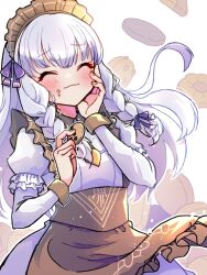 Rule 34 | 1girl, apron, blush, braid, brown apron, closed eyes, closed mouth, commentary, cookie, dress, eating, fire emblem, fire emblem: three houses, fire emblem heroes, floating hair, food, food on face, frilled sleeves, frills, gogatsu (yeaholiday), hair between eyes, hair ribbon, hand on own face, highres, holding, holding cookie, holding food, juliet sleeves, long hair, long sleeves, lysithea von ordelia, lysithea von ordelia (tea party), maid headdress, nintendo, no nose, official alternate costume, official alternate hairstyle, puffy sleeves, purple ribbon, ribbon, smile, solo, twin braids, waist apron, white dress, white hair