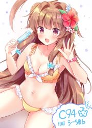 Rule 34 | 1girl, ahoge, alternate hairstyle, bikini, blush, breasts, brown hair, cleavage, food, ice cream, kantai collection, kuma (kancolle), long hair, looking at viewer, masayo (gin no ame), open mouth, popsicle, red eyes, sitting, small breasts, solo, star (symbol), swimsuit, twintails, twitter username, yellow bikini