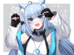 Rule 34 | 1girl, :d, ahoge, amatsuka uto, animal ear fluff, animal ears, aqua nails, black bow, black gloves, black nails, blue eyes, blue hair, blue sealad, blush, border, bow, cat ears, fang, fingerless gloves, gloves, heart o-ring, indie virtual youtuber, jacket, layered clothes, light blue hair, multicolored nails, nail polish, nyan, o-ring, open mouth, paw pose, pink nails, shirt, shoulder strap, smile, two side up, virtual youtuber, white border, white shirt