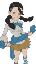 Rule 34 | 1girl, akushitsu ningen, bad id, bad twitter id, black hair, brown eyes, brown skirt, candice (pokemon), closed mouth, clothes around waist, commentary request, creatures (company), game freak, hair ornament, hairclip, highres, holding, kneehighs, knees, korean commentary, long hair, miniskirt, multi-tied hair, nintendo, pokemon, pokemon dppt, shirt, skirt, smile, socks, solo, striped clothes, striped socks, sweater, sweater around waist, twintails, white shirt