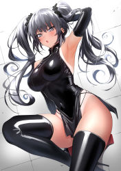 Rule 34 | 1girl, absurdres, arm behind head, arm up, armpits, bare shoulders, black footwear, black gloves, blush, boots, breasts, china dress, chinese clothes, covered navel, dress, elbow gloves, gloves, gradient background, grey background, grey eyes, grey hair, high heel boots, high heels, highres, large breasts, latex, latex dress, latex gloves, latex legwear, long hair, looking at viewer, one-piece tan, open mouth, original, short dress, side slit, slit pupils, solo, tan, tanline, thigh boots, thighhighs, thighs, twintails, ulrich (tagaragakuin)