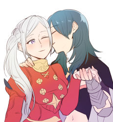 Rule 34 | 2girls, blue hair, blush, breasts, buttons, byleth (female) (fire emblem), byleth (fire emblem), closed eyes, collar, commentary request, dress, edelgard von hresvelg, fingernails, fire emblem, fire emblem: three houses, from side, hand on another&#039;s shoulder, holding hands, kiss, kissing cheek, long hair, long sleeves, looking at another, midriff, multiple girls, navel, nintendo, one eye closed, parted lips, puffy long sleeves, puffy sleeves, red dress, riromomo, side ponytail, sidelocks, silver hair, simple background, smile, stomach, upper body, vambraces, white background, yuri