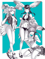 Rule 34 | 3girls, absurdres, akegata tobari, arm at side, asymmetrical hair, bare arms, bare legs, bare shoulders, belt, bikini, bikini under clothes, bird tail, bird wings, black-headed ibis (kemono friends), braid, breasts, closed mouth, collarbone, commentary request, expressionless, eyewear on head, fingernails, front-tie bikini top, front-tie top, gluteal fold, greyscale, halterneck, hand to own mouth, hand up, hands up, head wings, highleg, highleg bikini, highres, hood, hood down, hoodie, japanese crested ibis (kemono friends), japari symbol, kemono friends, kneeling, knees together feet apart, long hair, looking at viewer, lowleg, lowleg bikini, medium breasts, monochrome, multicolored hair, multiple girls, nail polish, navel, off shoulder, one-piece swimsuit, open clothes, open hoodie, sandals, scarlet ibis (kemono friends), shorts, sidelocks, small breasts, smile, spread wings, standing, stomach, striped bikini, striped clothes, sunglasses, swimsuit, tail, thigh strap, toenail polish, toenails, toes, twin braids, twintails, v, v-shaped eyebrows, wings