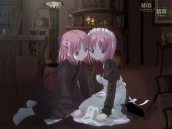 Rule 34 | 00s, 2girls, all fours, apron, arm support, blue eyes, brown theme, candle, chair, clock, copyright name, cup, cupboard, curtains, dark, forehead-to-forehead, glass, heads together, hisui (tsukihime), houmitsu, indoors, interior, japanese clothes, kimono, kohaku (tsukihime), lamp, light smile, looking away, maid, maid apron, maid headdress, multiple girls, neck ribbon, night, pink hair, puffy sleeves, red hair, ribbon, room, roomscape, sash, seiza, short hair, siblings, sisters, sitting, socks, table, teacup, tsukihime, twins, vase, window, yellow eyes