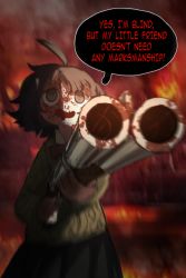 Rule 34 | 1girl, :d, ahoge, black eyes, black hair, black skirt, blind girl (popopoka), blood, blood on face, borrowed character, bow, bowtie, brown sweater, commentary, english commentary, english text, gun, holding, holding gun, holding weapon, jean bomjan, long sleeves, open mouth, original, pleated skirt, short hair, shotgun, skirt, smile, solo, speech bubble, sweater, weapon