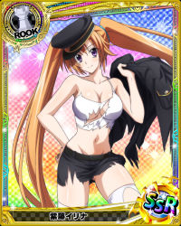 Rule 34 | 1girl, bare shoulders, breasts, card (medium), chess piece, cleavage, collarbone, cowboy shot, gluteal fold, hair between eyes, hat, high school dxd, holding, holding clothes, large breasts, long hair, looking at viewer, midriff, navel, official art, purple eyes, rook (chess), shidou irina, skirt, sleeveless, smile, solo, standing, thighhighs, torn clothes, twintails, uniform, very long hair