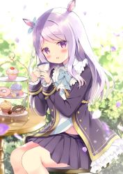 Rule 34 | 1girl, :d, animal ears, azumi kazuki, black jacket, black skirt, blurry, blurry background, blush, commentary request, cup, cupcake, depth of field, doughnut, food, frilled jacket, frills, highres, holding, holding cup, horse ears, jacket, long hair, looking at viewer, mejiro mcqueen (umamusume), open mouth, petals, pleated skirt, purple eyes, purple hair, skirt, smile, solo, stool, swept bangs, table, teacup, tiered tray, umamusume